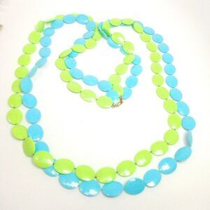 Vintage Green and Blue Two Strand Plastic Disc Beaded Necklace, Very Long Estate